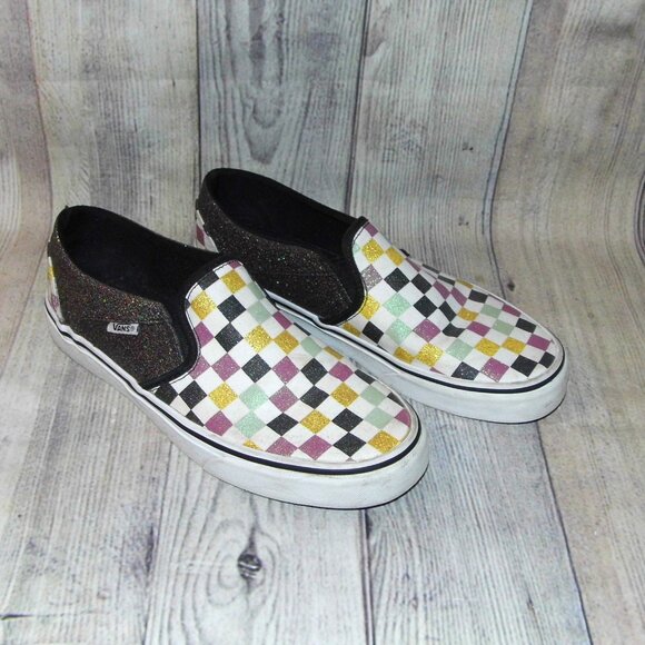 VANS Asher Glitter Check Slip On Sneakers Womens Size 9 - Picture 1 of 7